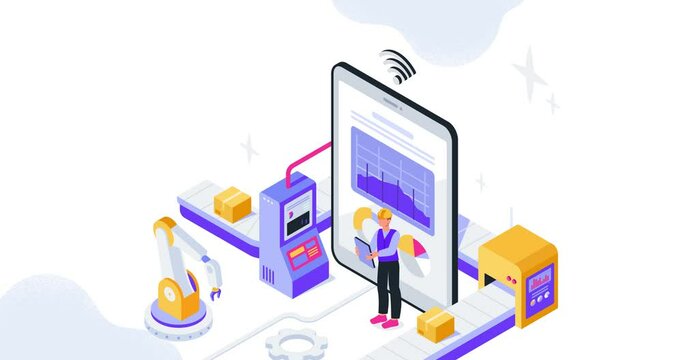 Smart Factory. Moving banner with modern wireless technologies for manufacturing and industry. Innovative digital devices for automation of production processes. Isometric 3D Animated Graphics