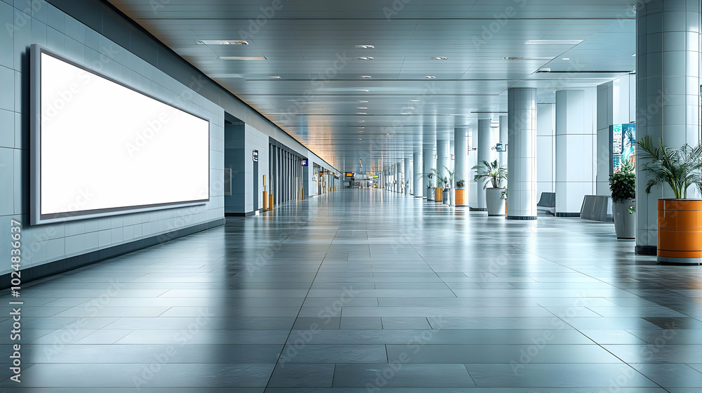 Poster modern hallway with empty space and large blank advertisement.