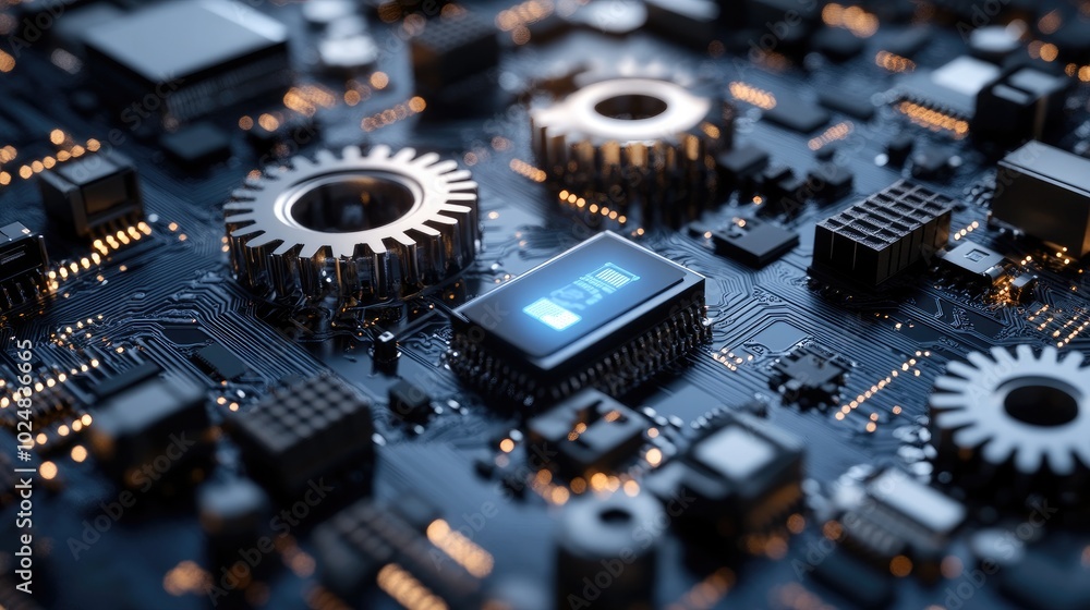 Poster digital 3d gears with circuit board elements embedded, symbolizing the fusion of technology and busi