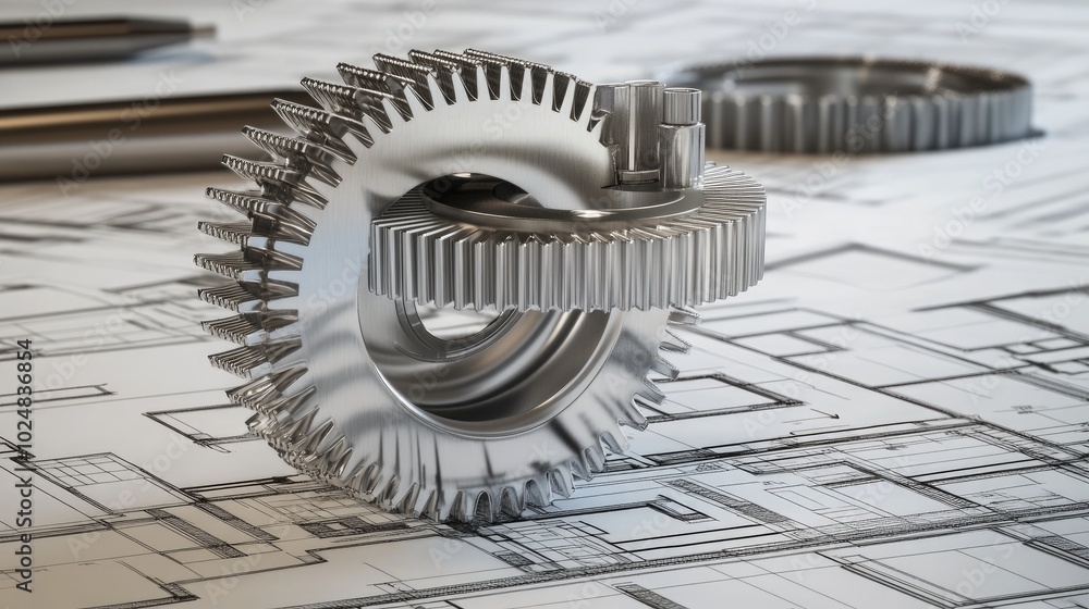Poster dynamic 3d gears with blueprints in the background, emphasizing the planning and development stages 