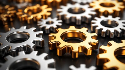 High-resolution 3D rendering of golden and silver gears, symbolizing collaboration and innovation in business processes.