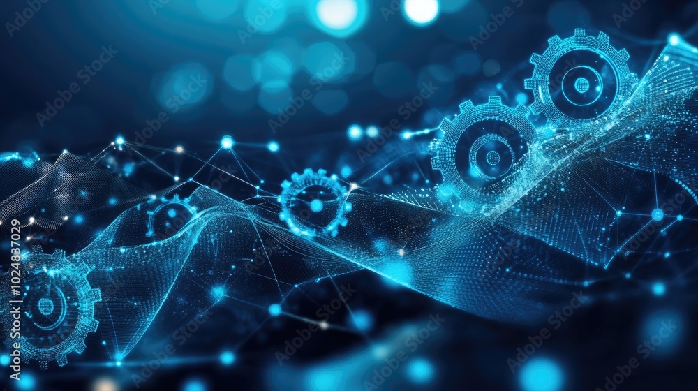 Poster interconnected 3d gears in a dark blue setting, with digital waves representing the flow of informat
