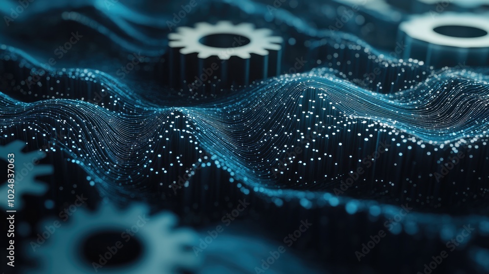 Poster interconnected 3d gears in a dark blue setting, with digital waves representing the flow of informat