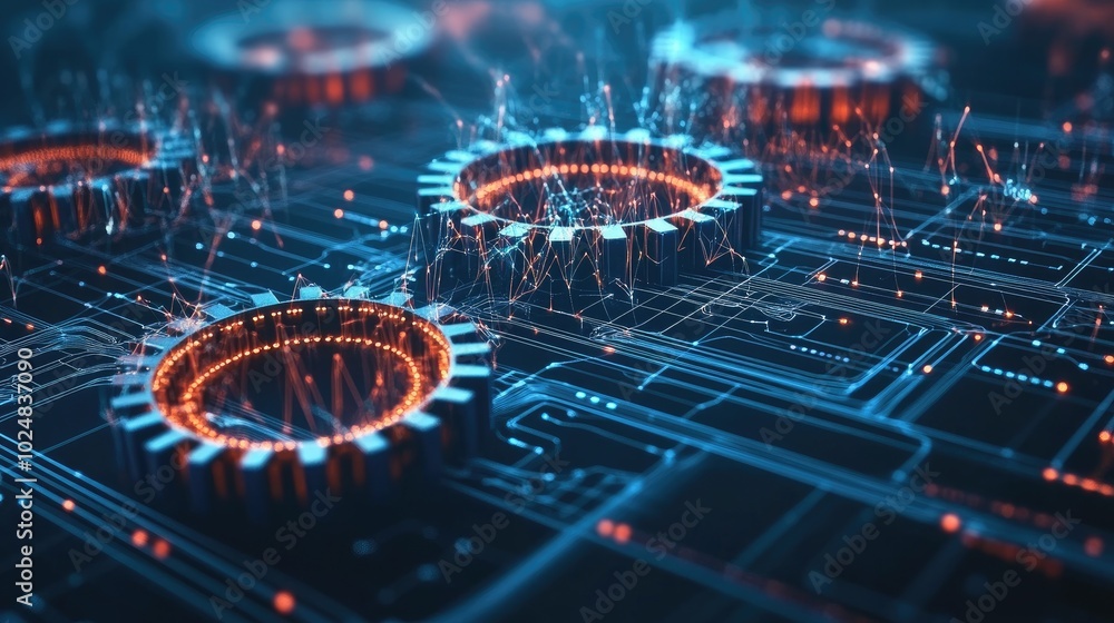 Poster interconnected 3d gears in a dark blue setting, with digital waves representing the flow of informat
