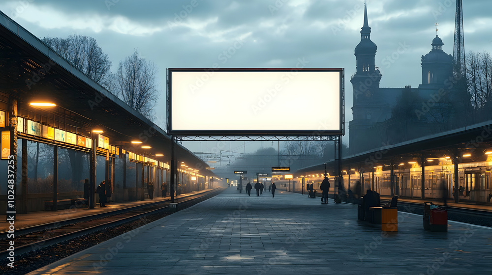Poster a misty train station with empty platforms and a large blank billboard.