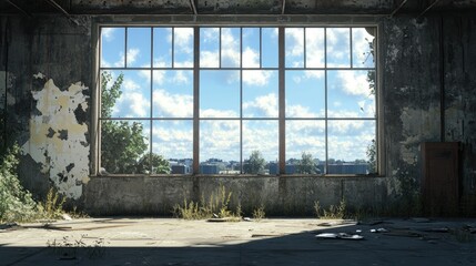 Naklejka premium Abandoned factory building with broken windows, large empty space for copy in the sky
