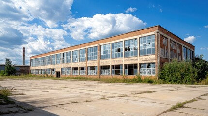 Abandoned factory building with broken windows, large empty space for copy in the sky