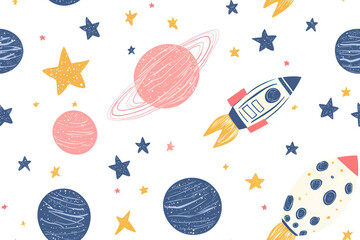 Hand drawn cosmos pattern. Cute planets, stars and spaceship abstract patterns.