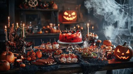 Eerie Halloween Party Table Filled with Festive Dishes
