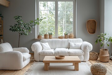 A modern Japani interior in the living room with minimalist, plush boucle sofas and armchairs and tables. Generative AI
