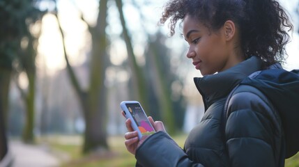 woman tracking her progress on a fitness app, seeing the miles she's run