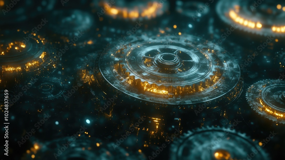 Poster multiple layers of rotating gears in a 3d environment, representing different departments working to
