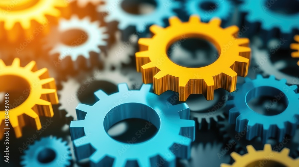 Poster multiple layers of rotating gears in a 3d environment, representing different departments working to
