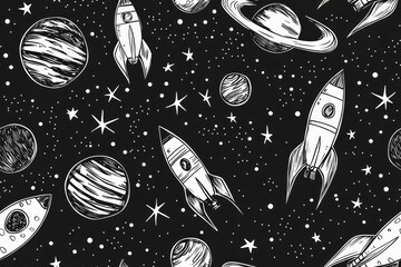 Hand drawn seamless space pattern with space rockets, planets, stars. Space background.