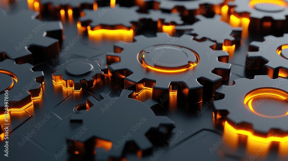Poster stylized 3d illustration of gears with glowing edges, conveying the idea of advanced business automa