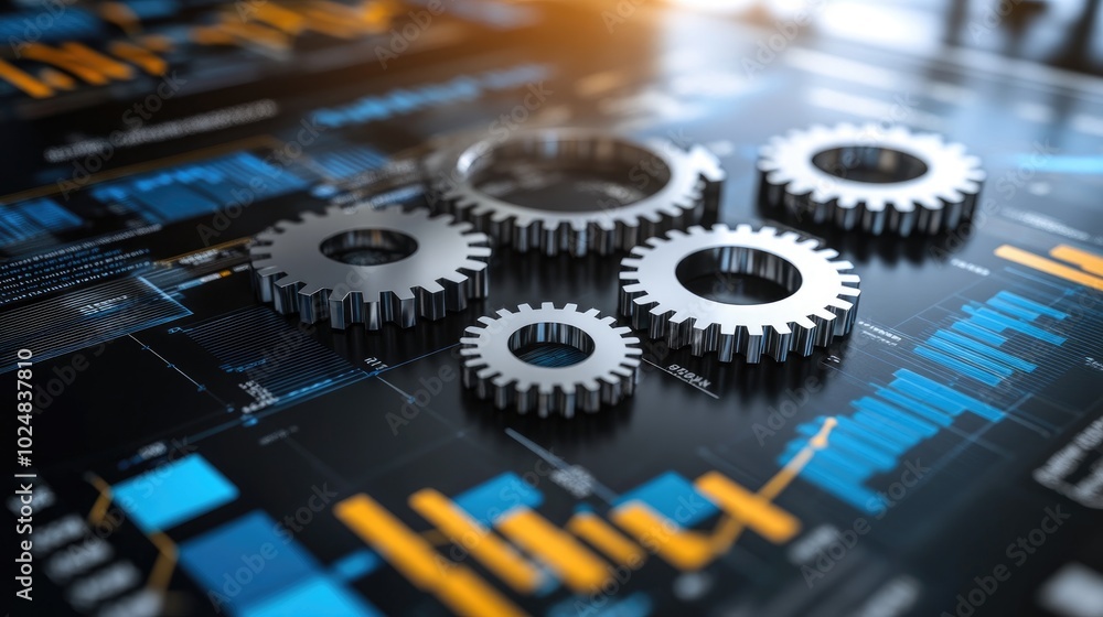 Poster transparent 3d gears rotating against a backdrop of business charts, highlighting the integration of