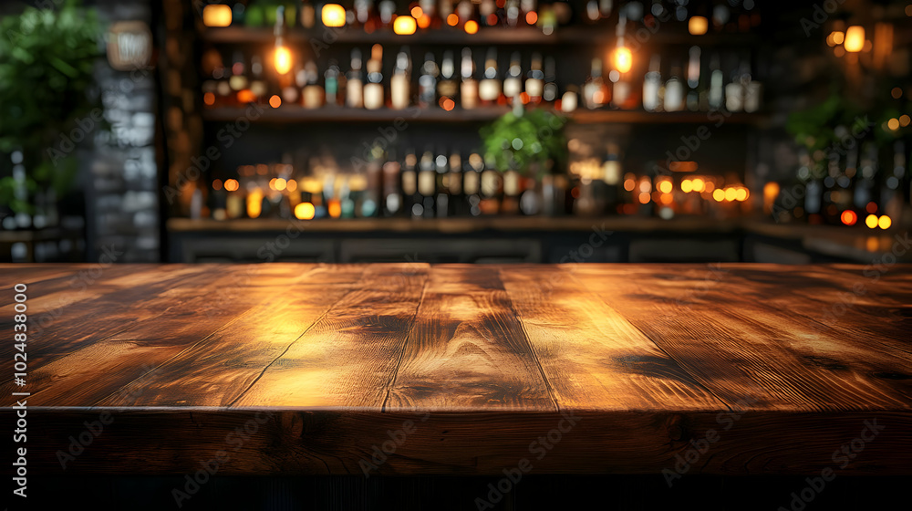 Poster cozy bar counter with a backdrop of shelves filled with bottles.