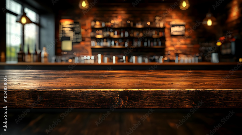 Poster a rustic bar setting with wooden counter and illuminated background.