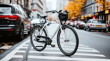 Fototapeta premium A white urban bicycle parked on a wet city street crosswalk with autumn trees and cars in the background.