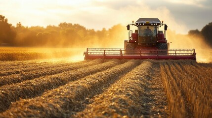 Agricultural machinery harvesting a field, with empty space for copy in the surrounding area