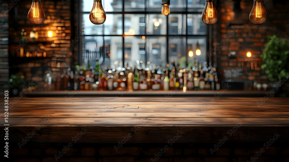 Poster rustic bar interior with warm lighting and a backdrop of bottles.