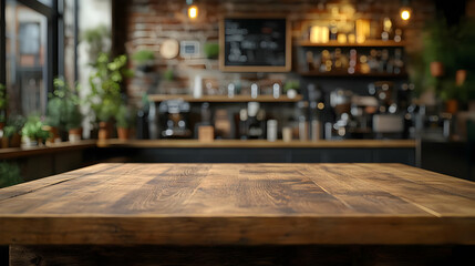Cozy café interior with wooden table and plants in the background.