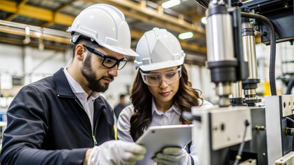 Engineers collaborating on machinery in a factory setting.