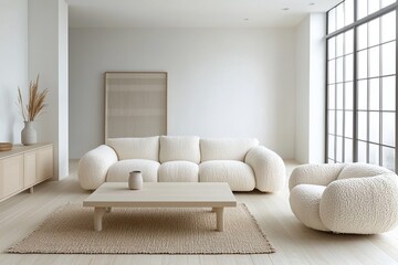 A modern Japani interior in the living room with minimalist, plush boucle sofas and armchairs and tables. Generative AI
