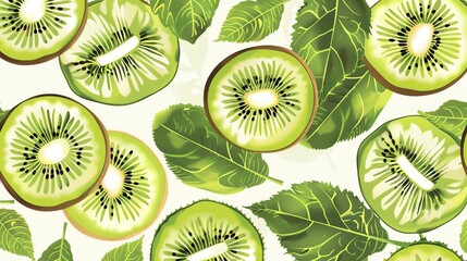 Fototapeta premium A seamless pattern of kiwi fruit and leaves on a white background.
