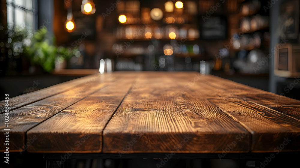 Poster rustic wooden table in a cozy bar setting with warm lighting.