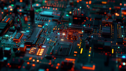 Obraz premium An intricate circuit board illuminated by vibrant lights showcasing advanced technology at night