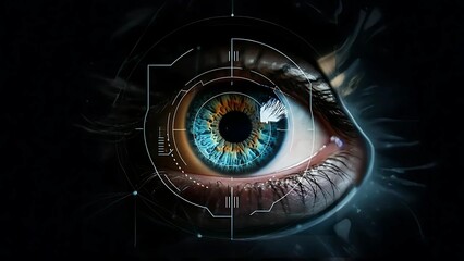 Close-up of a person's eye featuring a digital interface overlay, showcasing technology and human connection.