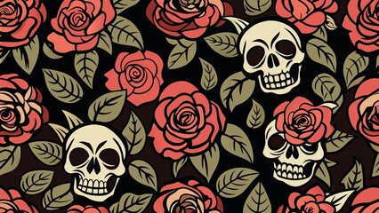 Naklejka premium Decorative skull and rose pattern on a dark background.