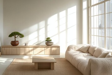 Minimalist, modern japandi interiors in the living room with boucle sofas and bonsai in view. Generative AI
