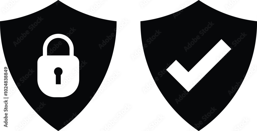 Poster security shield icon set . shield with check mark and padlock icons . security icon . vector illustr