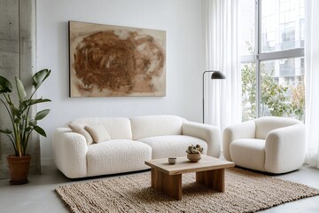 A modern Japani interior in the living room with minimalist, plush boucle sofas and armchairs and tables. Generative AI
