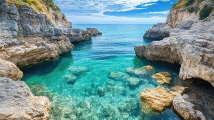 Calm European sea framed by rocky cliffs, leaving space above the water for copy. Peaceful and quiet, no people.