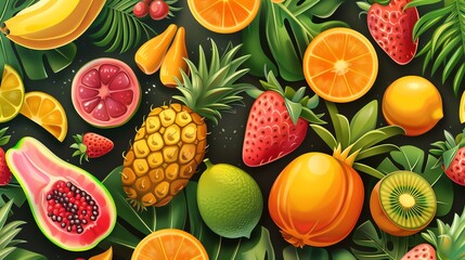 A seamless pattern with various fruits and green tropical leaves on a dark background.