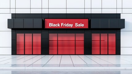 A modern retail store front featuring a bold "Black Friday Sale" sign, emphasizing discounts with glass windows and a sleek black and red design.