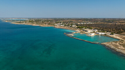 Aerial view of a small marina under construction in Sant' Isidoro in the province of Lecce in Salento, Puglia, Italy. 