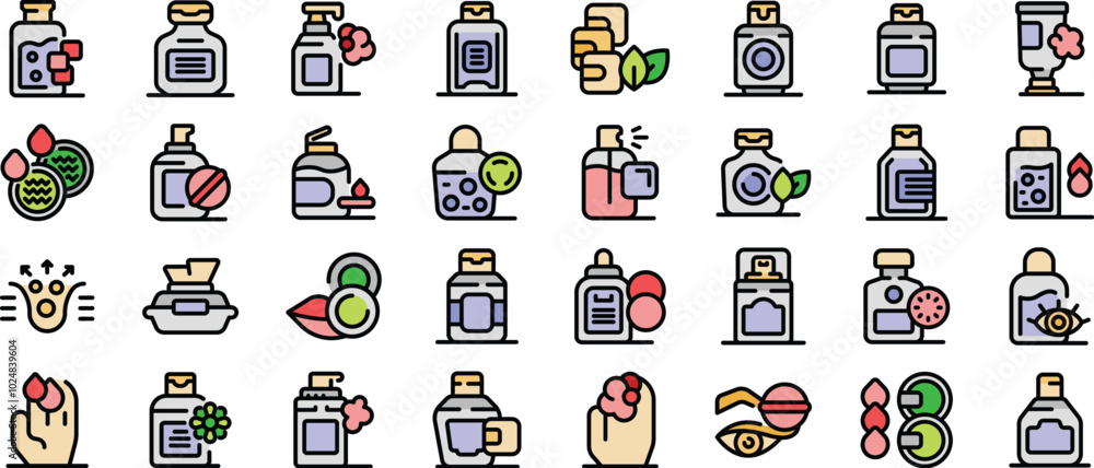 Poster cosmetic product line icons set. outline set of cosmetic product line vector icons for web design is