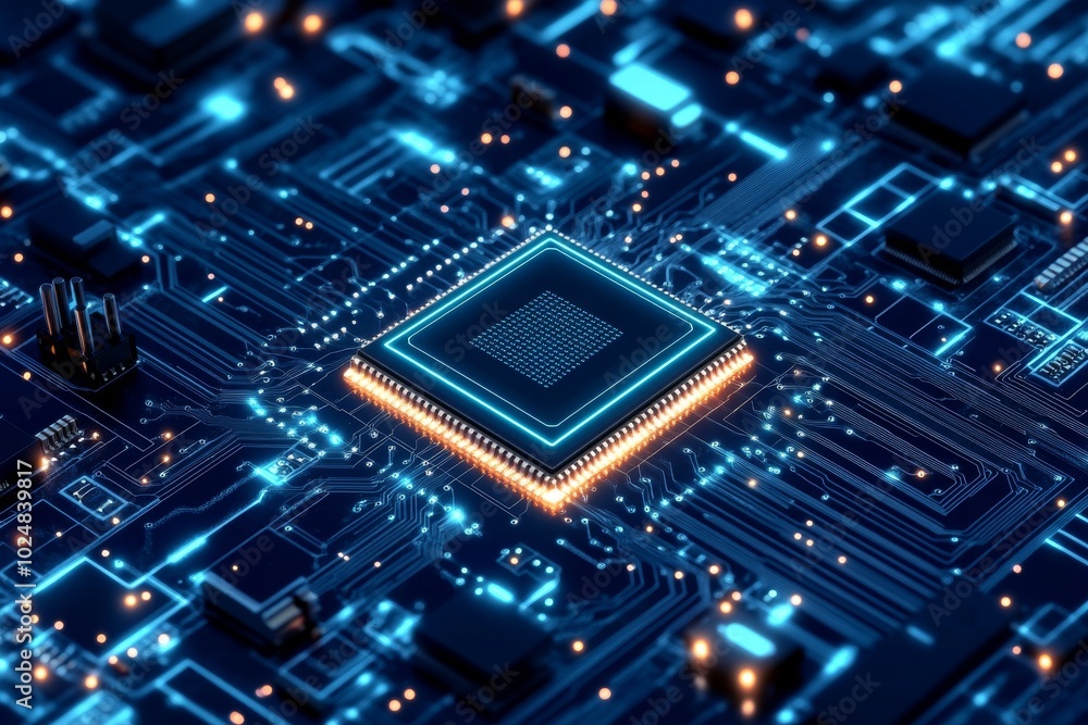 Poster an abstract circuit board background shows a cpu microchip and abstract conductors. computer motherb