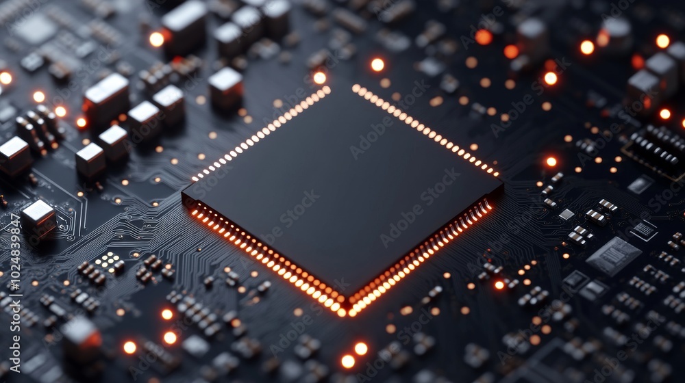 Poster in the background, you can see a cpu on a motherboard. a high resolution rendering in 3d.