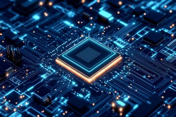 Obraz premium An abstract circuit board background shows a CPU microchip and abstract conductors. Computer motherboard abstract technology background. Abstract circuit board background. Modern illustration.