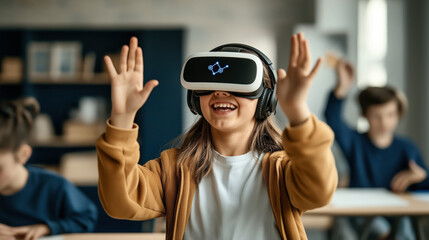 Child in classroom using virtual reality headset and headphones, engaged and smiling, with classmates in the background.
