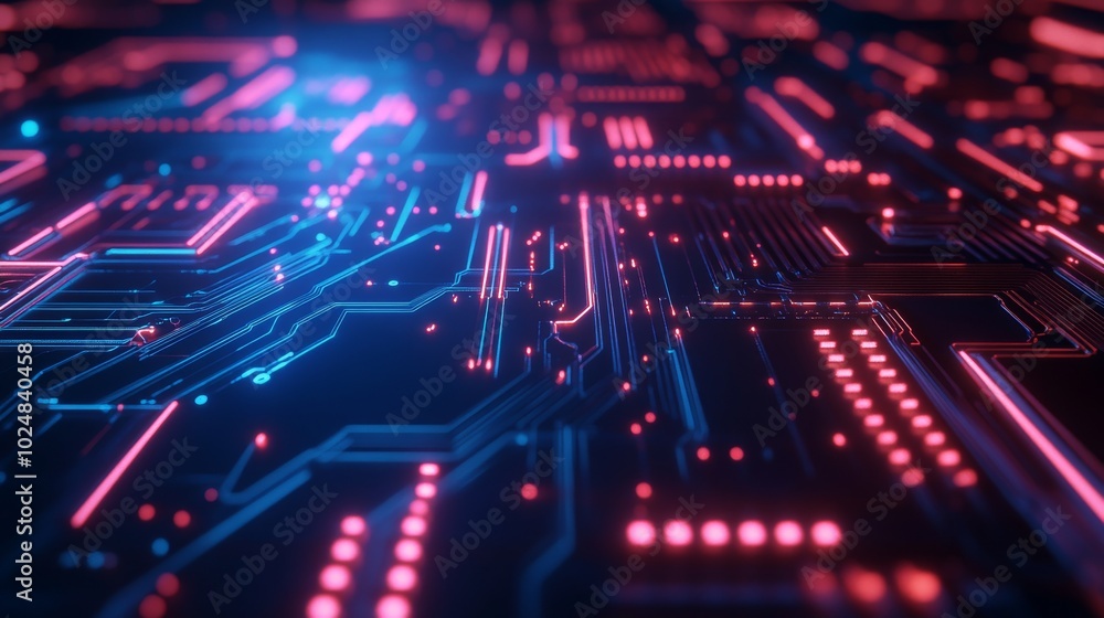 Poster a high-tech circuit board with a glowing blue background and intricate patterns.