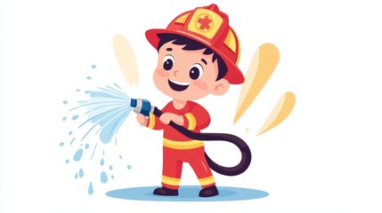 This cute cartoon character represents a firefighter in modern illustration