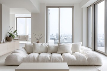 Obraz premium Minimalist, modern japandi interiors in the living room with tables and fluffy boucle sofas. Generative AI 