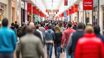 Obraz premium A busy shopping mall filled with diverse people walking along a bright corridor lined with shops.