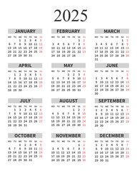 Classic vertical calendar 2025 in English. Days, weeks and months for planning. Print, vector